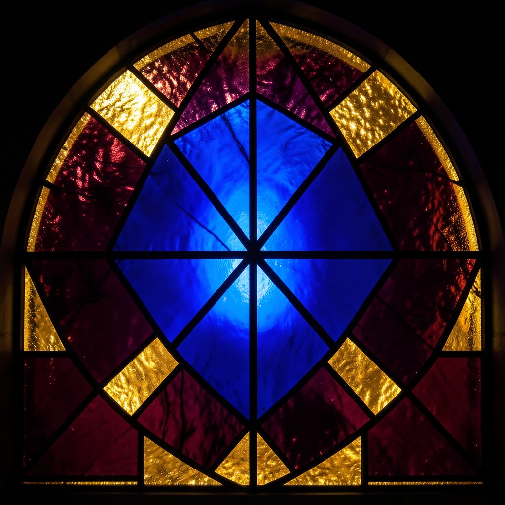 Stained-glass composition of the championship closing ceremony, warm gold and deep burgundy tones in bold geometric leaded segments.